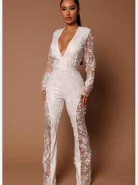 Fashion Nova Ivory Embroidered Plunge Lace Jumpsuit